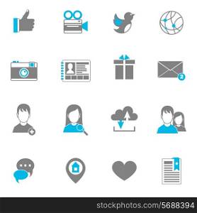 Social flat icons set with photo personal page gift message isolated vector illustration