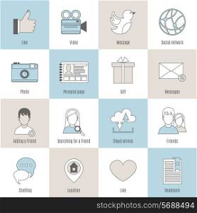 Social flat line icons set with like video message network isolated vector illustration