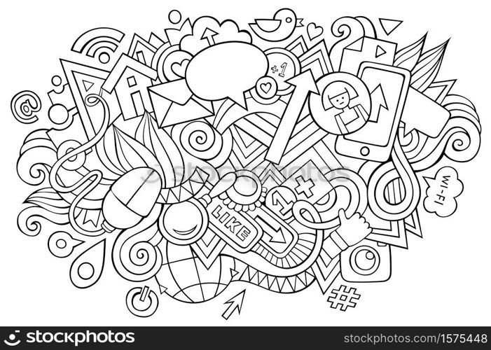 Social hand drawn cartoon doodles illustration. Funny media design. Creative art vector background. Internet symbols, elements and objects. Sketchy composition. Social hand drawn cartoon doodles illustration. Funny media design