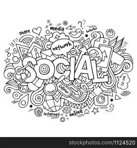 Social hand lettering and doodles elements background. Vector illustration. Social hand lettering and doodles elements background