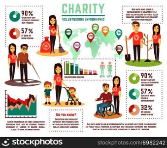 Social help and charity work vector concept. Volunteering infographics. Volunteer and charity, help infographic social illustration. Social help and charity work vector concept. Volunteering infographics