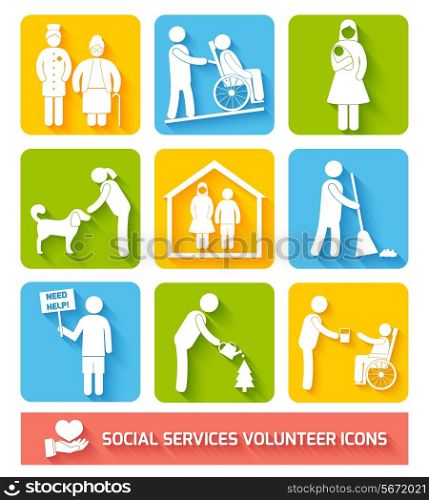 Social help services and volunteer work icons set flat isolated vector illustration