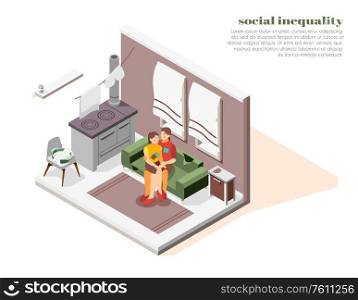 Social inequality isometric composition with poor woman and daughter in small room 3d vector illustration