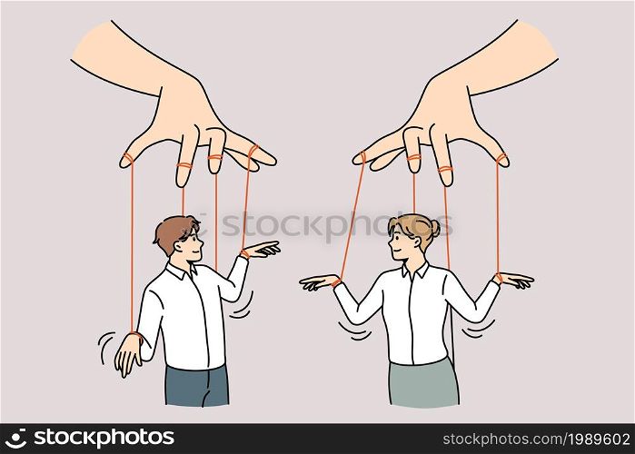 Social influence and independence concept. Human hands holding two business people with threads as marionettes vector illustration . Social influence and independence concept