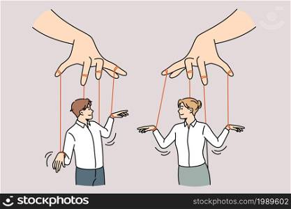 Social influence and independence concept. Human hands holding two business people with threads as marionettes vector illustration . Social influence and independence concept