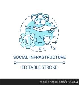 Social infrastructure blue concept icon. Social development abstract idea thin line illustration. Healthcare and medicine for citizens. Vector isolated outline color drawing. Editable stroke. Social infrastructure blue concept icon