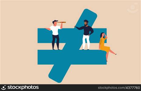 Social injustice and inequality of people in society. Prejudice and compare respect capitalism vector illustration. People sit on the sign of different genders and nations. Fairness and stop racism