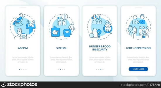 Social injustice ex&les blue onboarding mobile app screen. Walkthrough 4 steps editable graphic instructions with linear concepts. UI, UX, GUI template. Myriad Pro-Bold, Regular fonts used. Social injustice ex&les blue onboarding mobile app screen