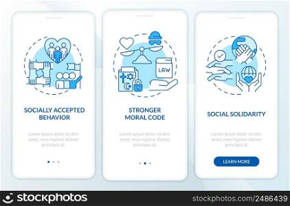 Social institutions advantages blue onboarding mobile app screen. Walkthrough 3 steps graphic instructions pages with linear concepts. UI, UX, GUI template. Myriad Pro-Bold, Regular fonts used. Social institutions advantages blue onboarding mobile app screen