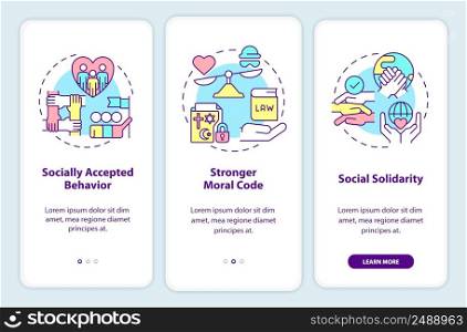 Social institutions advantages onboarding mobile app screen. Walkthrough 3 steps graphic instructions pages with linear concepts. UI, UX, GUI template. Myriad Pro-Bold, Regular fonts used. Social institutions advantages onboarding mobile app screen