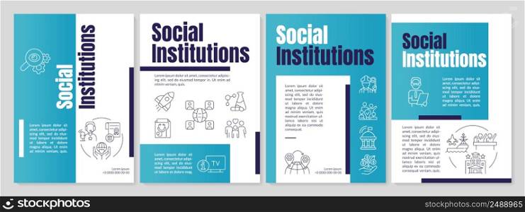 Social institutions blue brochure template. Set of rules and norms. Leaflet design with linear icons. 4 vector layouts for presentation, annual reports. Anton, Lato-Regular fonts used. Social institutions blue brochure template