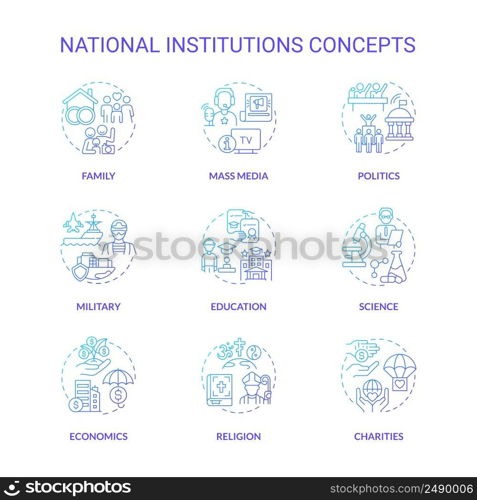 Social institutions blue gradient concept icons set. Norms and values. Social organizations idea thin line color illustrations. Isolated symbols. Roboto-Medium, Myriad Pro-Bold fonts used. Social institutions blue gradient concept icons set