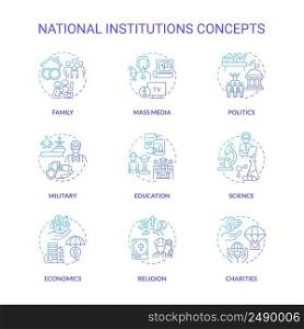 Social institutions blue gradient concept icons set. Norms and values. Social organizations idea thin line color illustrations. Isolated symbols. Roboto-Medium, Myriad Pro-Bold fonts used. Social institutions blue gradient concept icons set