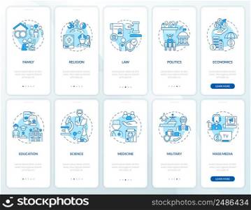 Social institutions blue onboarding mobile app screen set. Walkthrough 5 steps graphic instructions pages with linear concepts. UI, UX, GUI template. Myriad Pro-Bold, Regular fonts used. Social institutions blue onboarding mobile app screen set