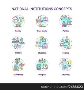 Social institutions concept icons set. Norms and values. Social organizations idea thin line color illustrations. Isolated symbols. Editable stroke. Roboto-Medium, Myriad Pro-Bold fonts used. Social institutions concept icons set