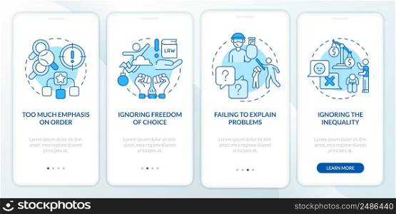 Social institutions disadvantages blue onboarding mobile app screen. Walkthrough 4 steps graphic instructions pages with linear concepts. UI, UX, GUI template. Myriad Pro-Bold, Regular fonts used. Social institutions disadvantages blue onboarding mobile app screen