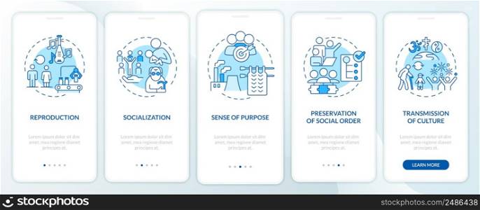 Social institutions functions blue onboarding mobile app screen. Walkthrough 5 steps graphic instructions pages with linear concepts. UI, UX, GUI template. Myriad Pro-Bold, Regular fonts used. Social institutions functions blue onboarding mobile app screen