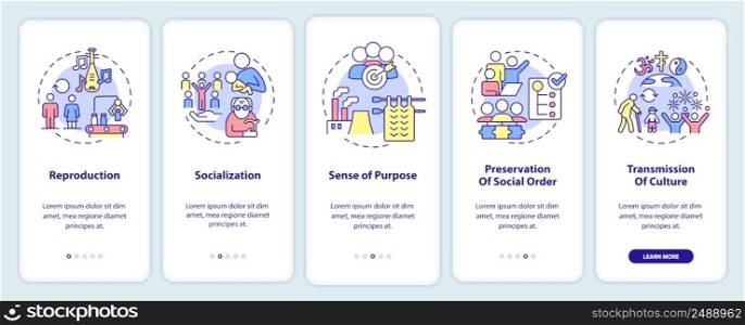 Social institutions functions onboarding mobile app screen. Walkthrough 5 steps graphic instructions pages with linear concepts. UI, UX, GUI template. Myriad Pro-Bold, Regular fonts used. Social institutions functions onboarding mobile app screen