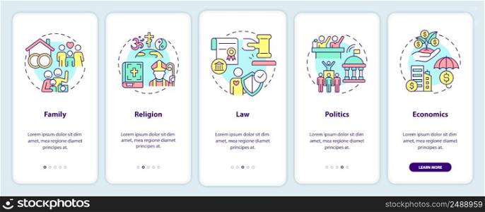 Social institutions list onboarding mobile app screen. Walkthrough 5 steps graphic instructions pages with linear concepts. UI, UX, GUI template. Myriad Pro-Bold, Regular fonts used. Social institutions list onboarding mobile app screen