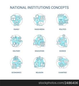Social institutions turquoise concept icons set. Norms and values. Social organizations idea thin line color illustrations. Isolated symbols. Editable stroke. Roboto-Medium, Myriad Pro-Bold fonts used. Social institutions turquoise concept icons set