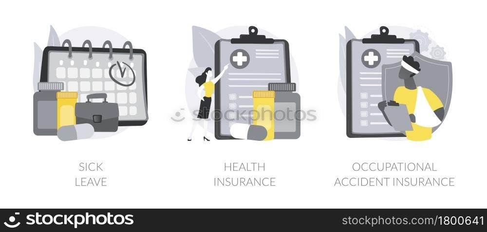 Social insurance abstract concept vector illustration set. Sick leave, health insurance, occupational accident coverage, industrial accident, paid days, medical expenses, healthcare abstract metaphor.. Social insurance abstract concept vector illustrations.