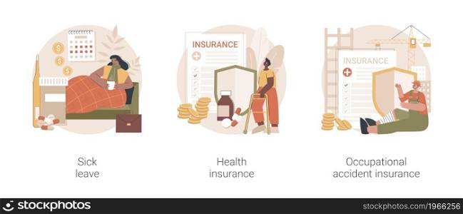 Social insurance abstract concept vector illustration set. Sick leave, health insurance, occupational accident coverage, industrial accident, paid days, medical expenses, healthcare abstract metaphor.. Social insurance abstract concept vector illustrations.