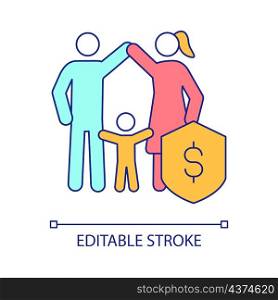Social insurance RGB color icon. Financial support for young families. Parents help for child. Isolated vector illustration. Simple filled line drawing. Editable stroke. Arial font used. Social insurance RGB color icon