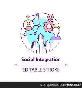 Social integration concept icon. Worker adaptation elements. Societal relations idea thin line illustration. Process of newcomers included. Vector isolated outline RGB color drawing. Editable stroke. Social integration concept icon