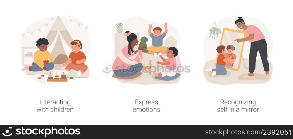 Social interaction in daycare center isolated cartoon vector illustration set. Early education, interacting with diverse children, express emotions, recognizing self in a mirror vector cartoon.. Social interaction in daycare center isolated cartoon vector illustration set.