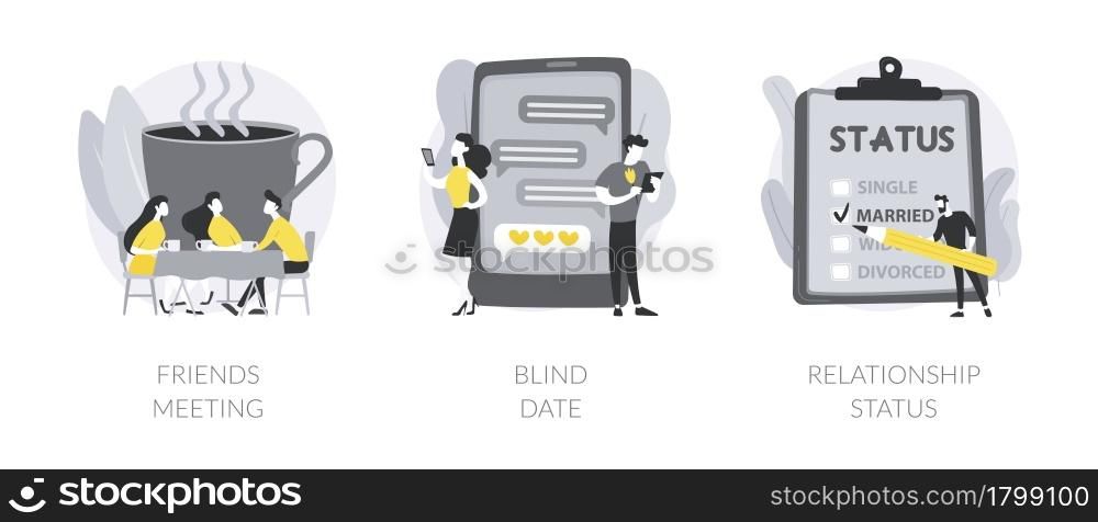 Social interactions abstract concept vector illustration set. Friends meeting, blind date, relationship status, leisure time, speed dating, first impression, soul mate, together abstract metaphor.. Social interactions abstract concept vector illustrations.