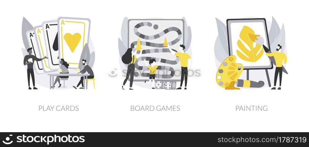 Social isolation free time spending abstract concept vector illustration set. Play cards, board games, painting, home sitting activities, family fun idea, painter online course abstract metaphor.. Social isolation free time spending abstract concept vector illustrations.