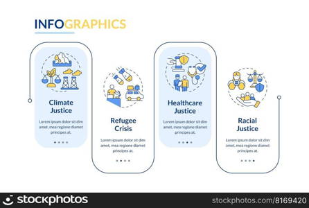 Social justice ex&les blue rectangle infographic template. Data visualization with 4 steps. Editable timeline info chart. Workflow layout with line icons. Lato-Bold, Regular fonts used. Social justice ex&les blue rectangle infographic template