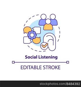 Social listening concept icon. Networks monitoring. Research for content design abstract idea thin line illustration. Isolated outline drawing. Editable stroke. Arial, Myriad Pro-Bold fonts used. Social listening concept icon