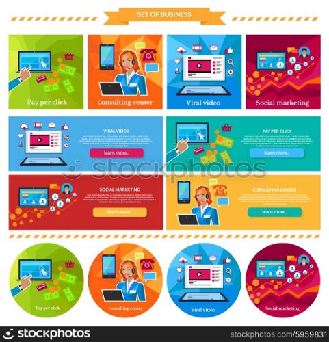 Social marketing, consulting center concept. Pay per click, viral video, online technology, service communication, support call, consultant internet operator illustration. Set of banners