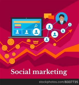 Social marketing flat design banner. Social media, social media marketing, social network, web internet, computer and business media, technology network illustration