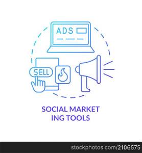 Social marketing tools blue gradient concept icon. Reach audience through promotion abstract idea thin line illustration. Isolated outline drawing. Roboto-Medium, Myriad Pro-Bold fonts used. Social marketing tools blue gradient concept icon