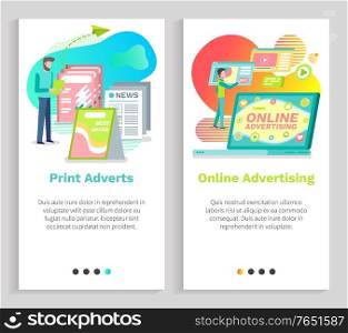 Social marketing vector, print advertisement newspaper and journals, man with papers, laptop screen with info on monitor, computer with data ads. Website or slider app, landing page flat style. Print Advertisement and Social Marketing Web Set