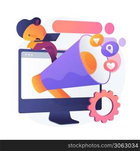 Social media ad, online advertising, SMM. Network announcement, media content, followers activity and geodata. Internet manager cartoon character. Vector isolated concept metaphor illustration.. Social media ad vector concept metaphor.