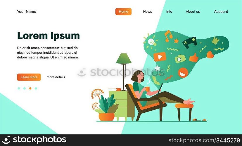 Social media addicted woman. Cartoon character relaxing at home, using tablet computer for web surfing, playing online games. Vector illustration for internet addiction, communication concept