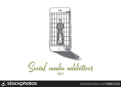 Social media addiction concept. Hand drawn person in jail of internet. Man slave of his smartphone isolated vector illustration.. Social media addiction concept. Hand drawn isolated vector.