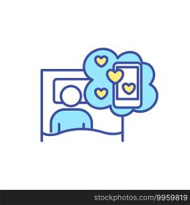 Social media addiction RGB color icon. Smartphone detox. Overcome cellphone addiction. Man lay in bed and think of phone. Device dependence. Dream of mobile phone. Isolated vector illustration. Social media addiction RGB color icon