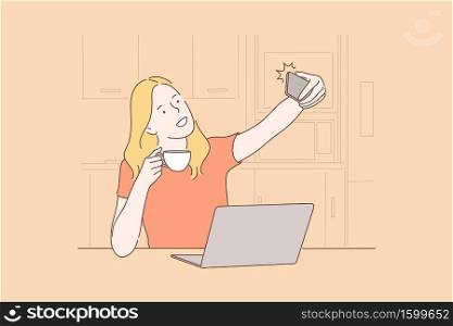 Social media, addiction, selfie, technology concept. Happy woman blogger is taking selfies to share them in social media. Young girl is addicted to social media and technologies. Simple flat vector. Social media, addiction, selfie, technology concept