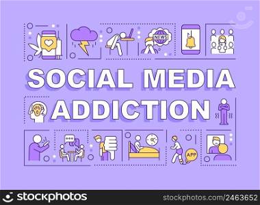 Social media addiction word concepts purple banner. Mental problem. Infographics with icons on color background. Isolated typography. Vector illustration with text. Arial-Black font used. Social media addiction word concepts purple banner
