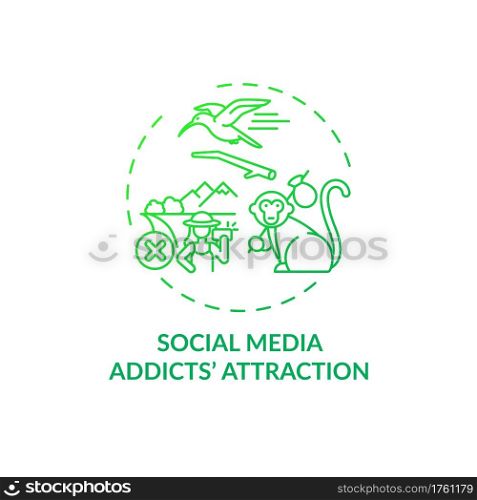 Social media addicts attraction concept icon. Green tourism challenges. Trying to get pictures of wildlife environment idea thin line illustration. Vector isolated outline RGB color drawing. Social media addicts attraction concept icon