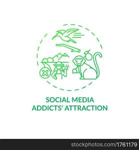 Social media addicts attraction concept icon. Green tourism challenges. Trying to get pictures of wildlife environment idea thin line illustration. Vector isolated outline RGB color drawing. Social media addicts attraction concept icon
