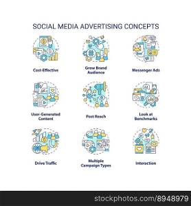 Social media advertising concept icons set. SMM technology for business idea thin line color illustrations. Isolated symbols. Editable stroke. Roboto-Medium, Myriad Pro-Bold fonts used. Social media advertising concept icons set