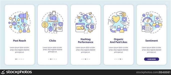 Social media advertising metrics onboarding mobile app screen. Walkthrough 5 steps editable graphic instructions with linear concepts. UI, UX, GUI template. Myriad Pro-Bold, Regular fonts used. Social media advertising metrics onboarding mobile app screen