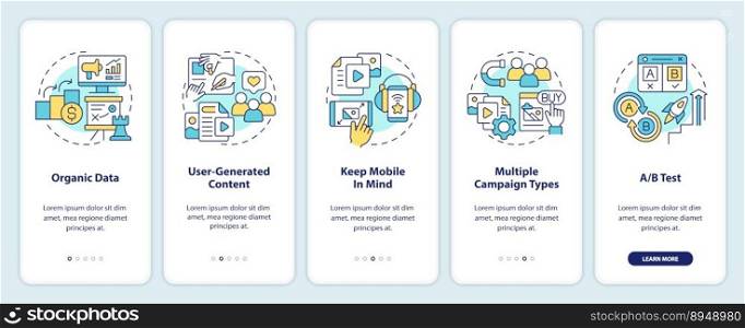 Social media advertising tips onboarding mobile app screen. SMM walkthrough 5 steps editable graphic instructions with linear concepts. UI, UX, GUI template. Myriad Pro-Bold, Regular fonts used. Social media advertising tips onboarding mobile app screen