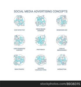 Social media advertising turquoise concept icons set. SMM technology for business idea thin line color illustrations. Isolated symbols. Editable stroke. Roboto-Medium, Myriad Pro-Bold fonts used. Social media advertising turquoise concept icons set