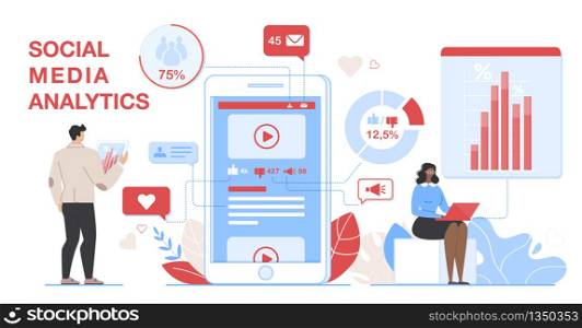Social Media Analytics Horizontal Banner. Financial Analytic Company Working Process in Office, Business People Planning, Analyzing Statistics Data, Doing Presentation Cartoon Flat Vector Illustration. Financial Analytic Company Working Process Office
